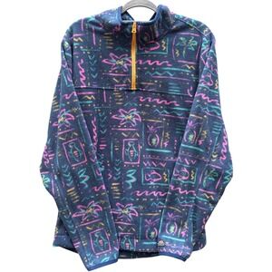 Chubbies Mens XL Quarter Zip Fleece Pullover Navy Blue Neon Retro Tropical Print